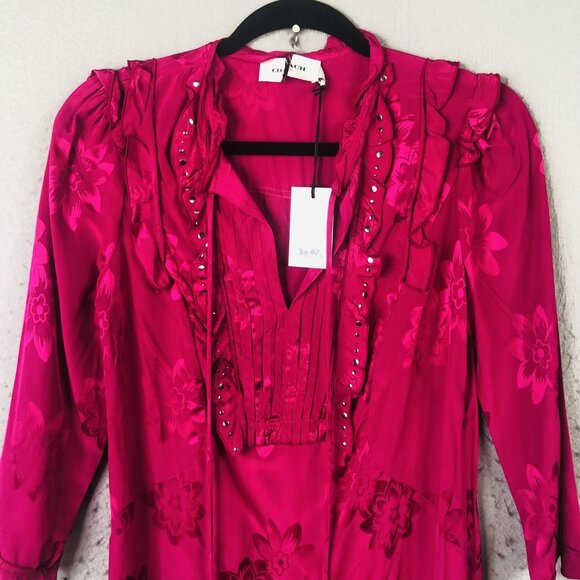 Coach 1941 Dress Womens 0 Fuchsia Ruffle Studded Floral Jacquard Viscose 232843 - Picture 15 of 16